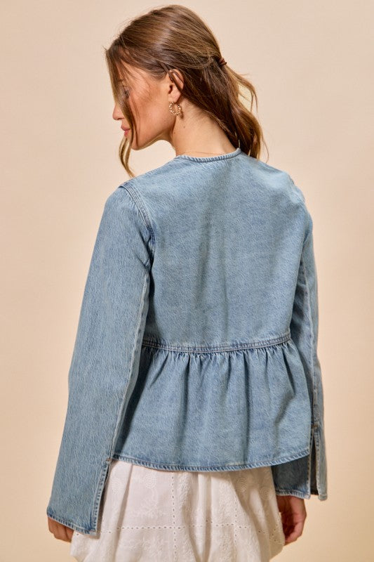 Ribbon Tie Front Denim Top