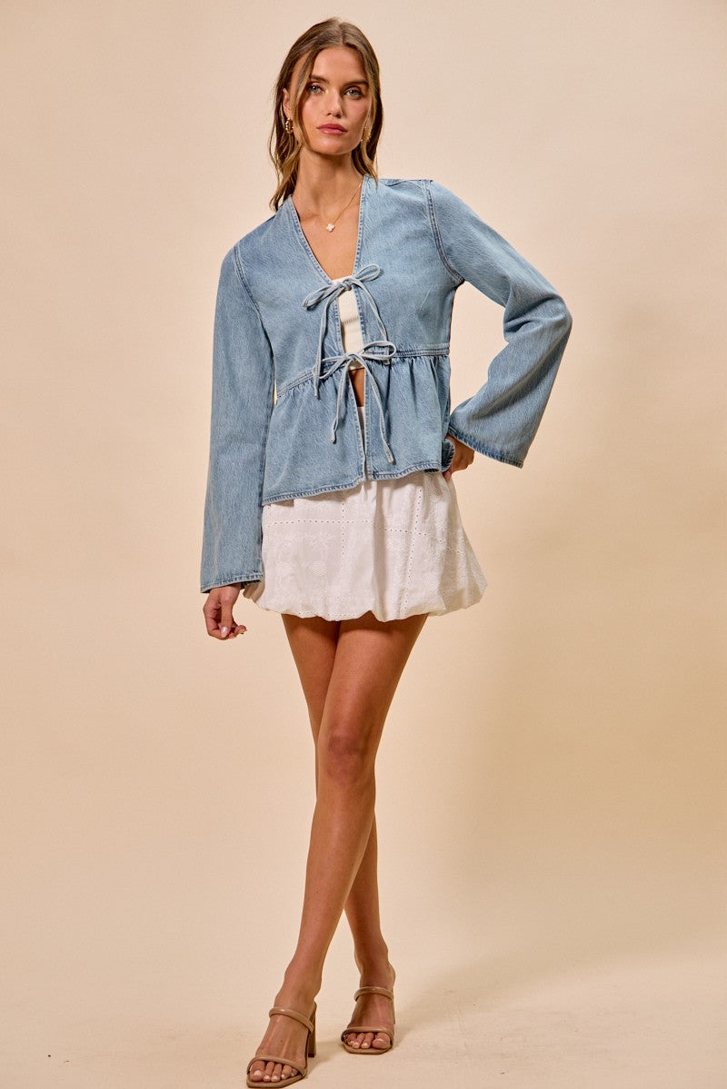 Ribbon Tie Front Denim Top